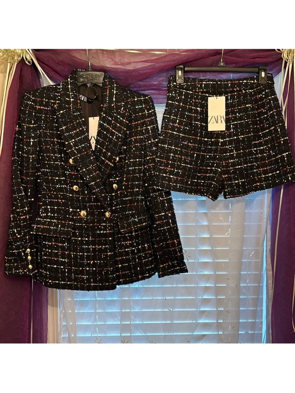 ZARA 2 PIECES MATCHING  SET DOUBLE BREASTED TWEED BLAZER AND SHORTS